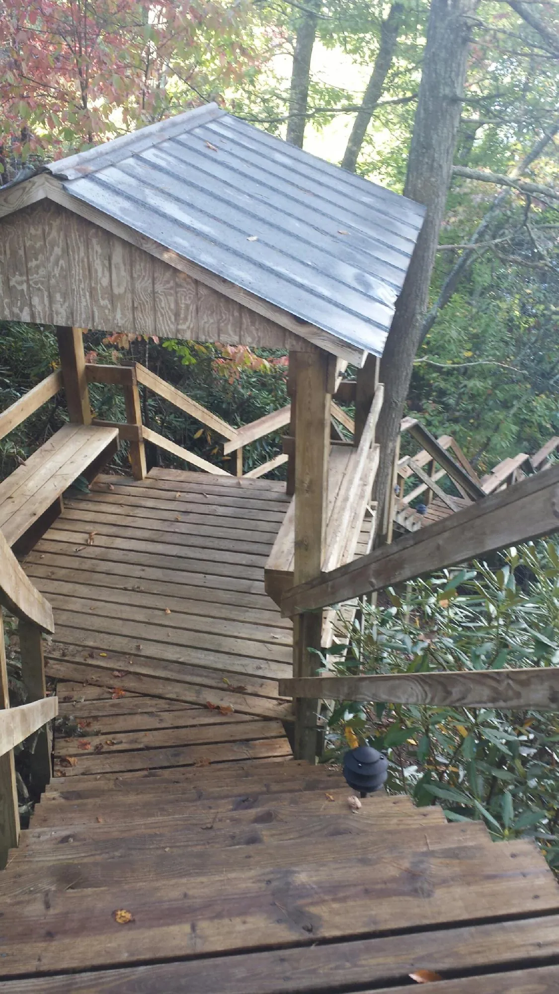 Metal roofed shelter over wooden steps on a wooded walkway — Skylight Repair & Installation work by our crew in New Waverly